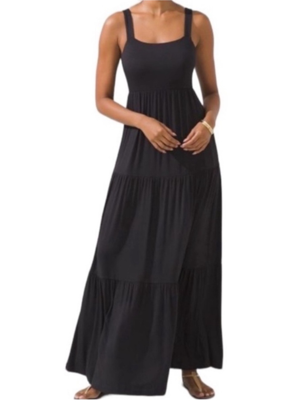Soma Soft Trapeze Maxi Bra Dress Black Sleeveless Smocked Back Tier Hem Size XL